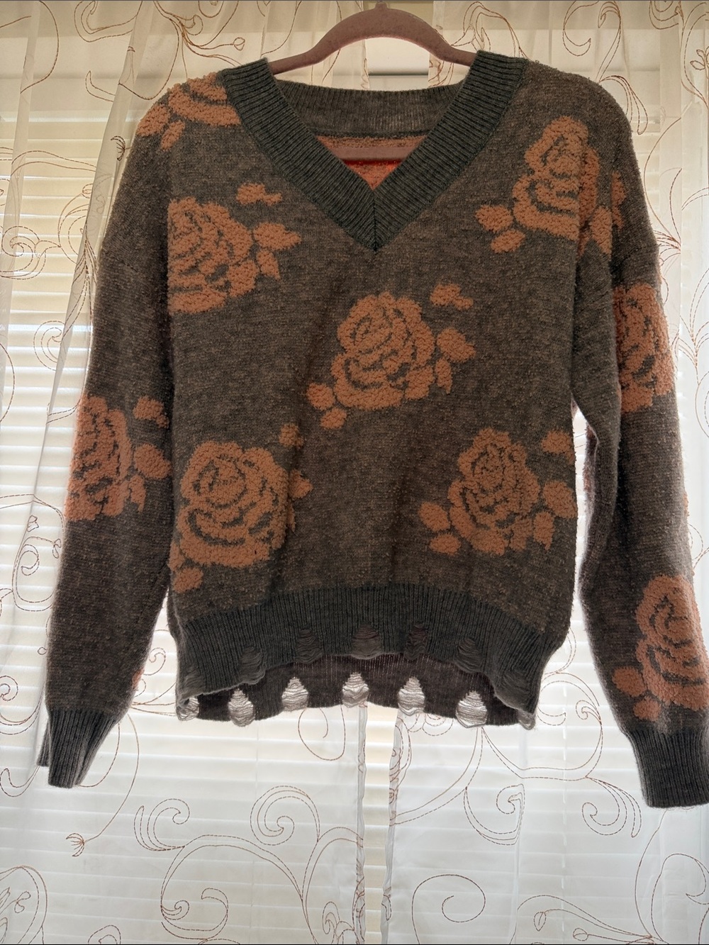 SHEIN Grey and Pink Crewneck Sweater with Rose Pattern